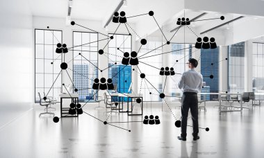 3D ofis içi ve sosyal bağlantı kavramındaki zarif iş adamı. Karışık ortam