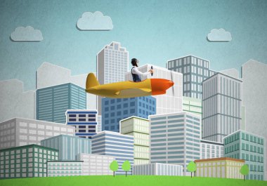 Uçak pilotu küçük pervane düzlemde oturan ve direksiyon tutan. Havacı şehir illüstrasyon arka planda retro uçak sürüş. Yüksek gökdelenler ve ofis binaları ile Cityscape.
