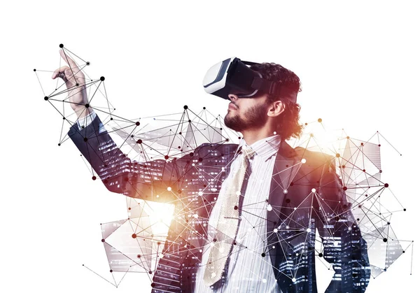 Affärsman Utforska Den Virtuella Världen Interagera Med Digitala Gränssnitt Mannen — Stockfoto