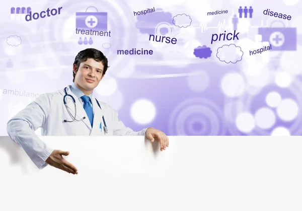 Young Handsome Doctor Holding White Blank Banner Place Your Text — Stock Photo, Image