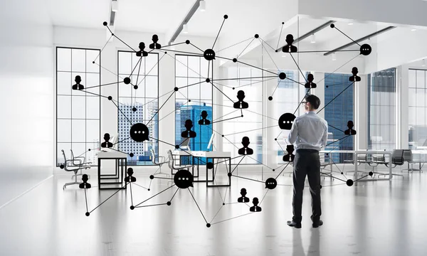 Elegant Businessman Office Interior Social Connection Concept Mixed Media — Stock Photo, Image