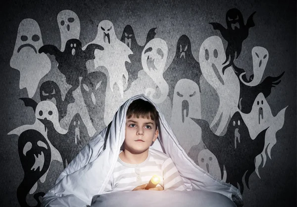 Little Child Flashlight Hiding Blanket Halloween Scary Ghostly Monsters Wall — Stock Photo, Image