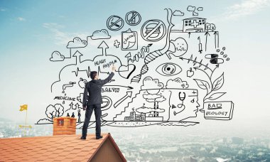 İş başarı planı çizim arka olan genç adam. Karışık teknik