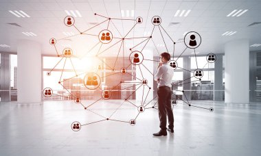 3D ofis içi ve sosyal bağlantı kavramındaki zarif iş adamı. Karışık ortam