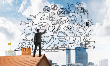 İş başarı planı çizim arka olan genç adam. Karışık teknik