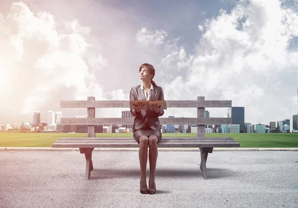 Young Woman Holding Open Book Sitting Wooden Bench Outdoors Beautiful — Stock Photo, Image