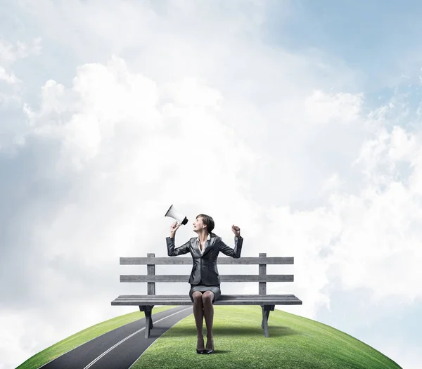 Business Woman Megaphone Sitting Wooden Bench Female Speaker Shouting Loudspeaker — Stock Photo, Image