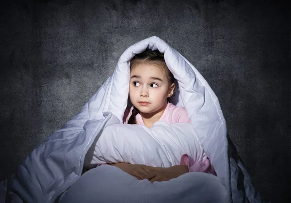 Frightened Girl Hiding Blanket Scared Kid Lying His Bed Home — Stock Photo, Image