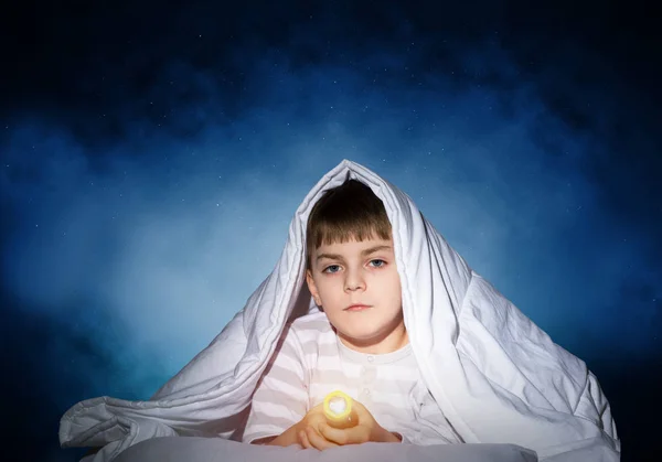 Serious Child Flashlight Hiding Blanket Attentive Kid Lying His Bed — Stock Photo, Image