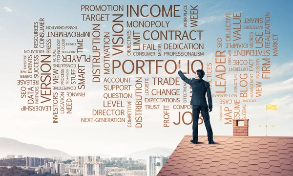 Businessman Writing Business Related Success Conceptual Words Mixed Media — Stock Photo, Image