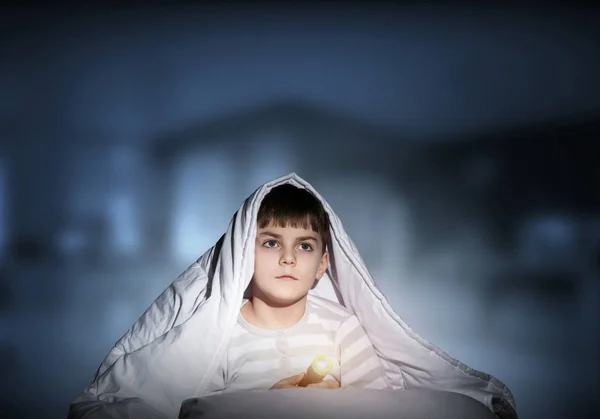 Serious Child Flashlight Hiding Blanket Attentive Kid Lying His Bed — Stock Photo, Image