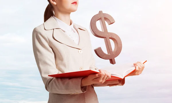 Businesswoman Dollar Sign Opened Notebook Investment Money Saving Services Elegant — Stock Photo, Image