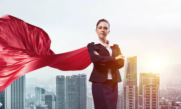 Young Confident Businesswoman Wearing Red Cape Modern City Background — Stock Photo, Image