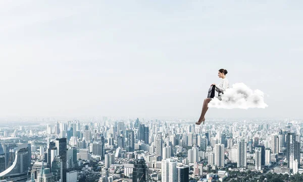 Joven Mujer Elegante Con Maleta Manos Situadas Nube — Foto de Stock