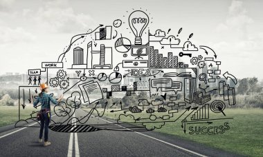 Açık havada mühendis kadının arka planı ve ekrana konsept çizimi