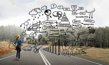 Açık havada mühendis kadının arka planı ve ekrana konsept çizimi