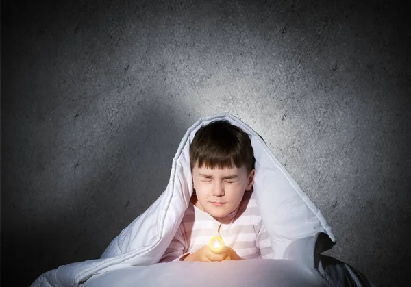 Frightened Child Flashlight Hiding Blanket Scared Kid Closed Eyes Lying — Stock Photo, Image