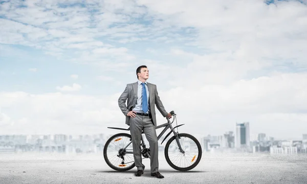 Uomo Dirigente Ufficio Giacca Cravatta Con Bici Uomo Affari Con — Foto Stock