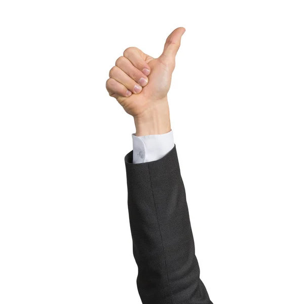 Empresario mano en traje mostrando gesto de pulgar hacia arriba — Foto de Stock