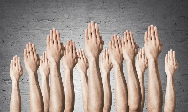 Row Man Hands Showing Voting Gesture Participation Agreement Group Signs — Stock Photo, Image
