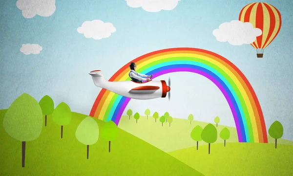 Vlieger Rijden Kleine Propeller Vliegtuig Achtergrond Van Natuur Landschap Cartoon — Stockfoto
