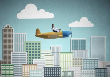 Duygusal pilot küçük pervane düzlemde oturuyor. Karikatür şehir illüstrasyon arka planda retro uçak sürüş Aviator. Yüksek gökdelenler ve ofis binaları ile modern şehir merkezi.