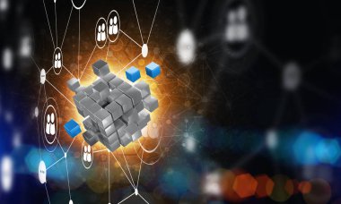 Koyu arkaplanda dijital küp figürüne sahip internet ve ağ kavramı