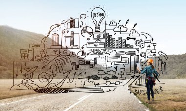 Açık havada mühendis kadının arka planı ve ekrana konsept çizimi