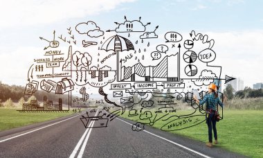 Açık havada mühendis kadının arka planı ve ekrana konsept çizimi