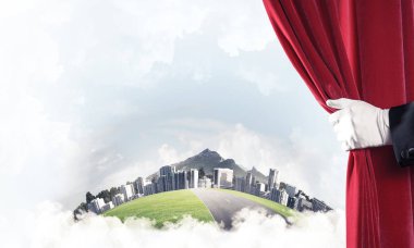 Perde perde arkasında Modern cityscape ve el açma