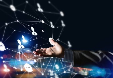 Karanlık arka planda modern kablosuz teknolojileri iletişim ve ağ olarak sunmak