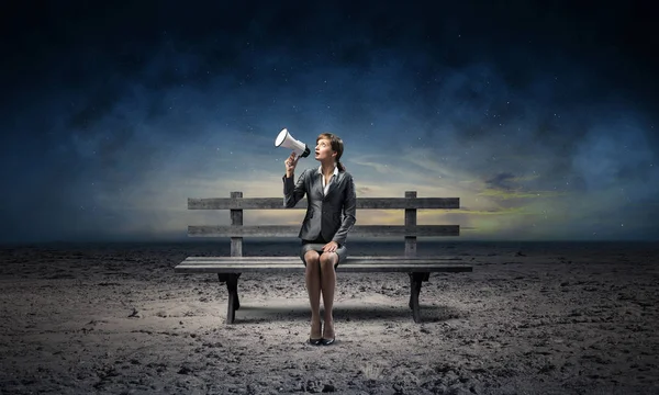 Business Woman Megaphone Sitting Wooden Bench Female Speaker Shouting Loudspeaker — Stock Photo, Image