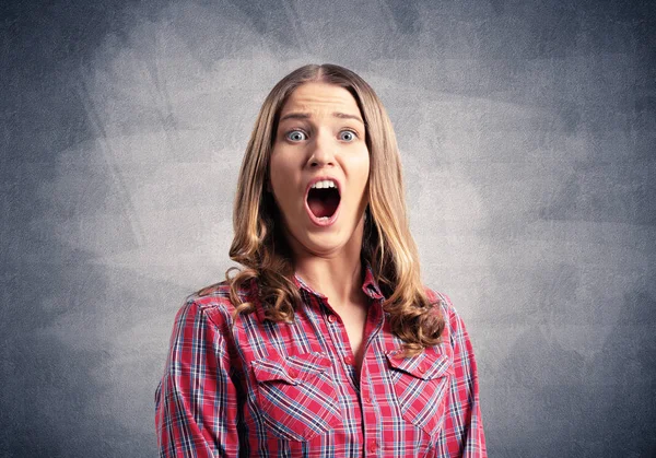 Scared Young Woman Screaming Panic Emotional Girl Has Frightened Facial — Stock Photo, Image