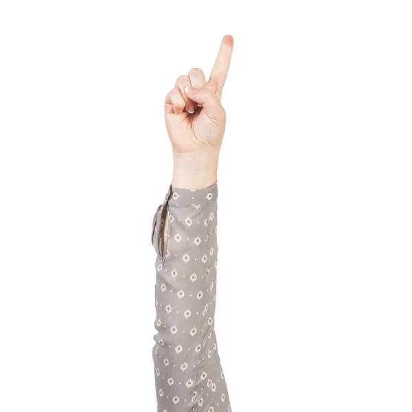 Mujer mano en blusa gris mostrando dedo — Foto de Stock