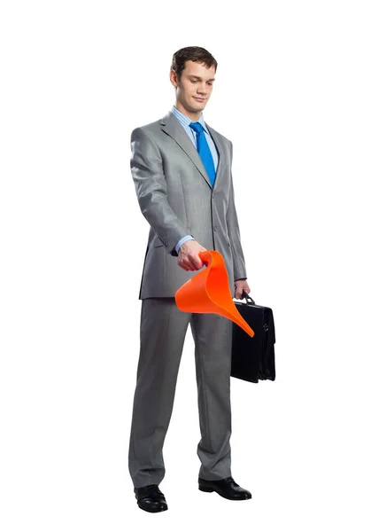Podnikatel nosí šedý oblek a modrou kravatu — Stock fotografie