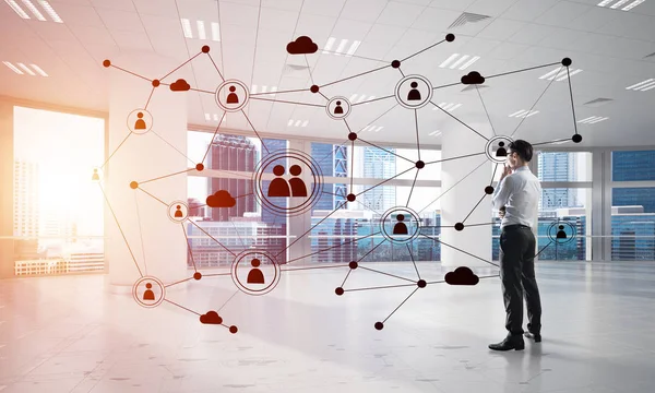 3D ofis içi ve sosyal bağlantı kavramındaki zarif iş adamı. Karışık ortam