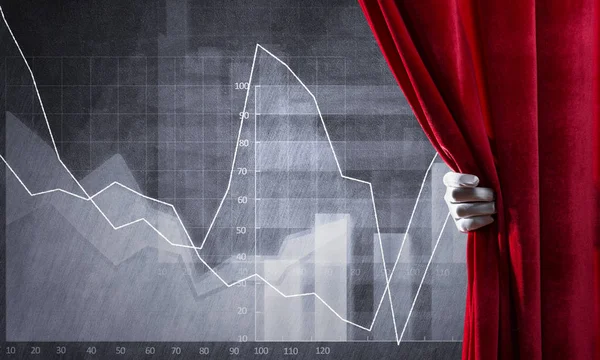 Gráficos e diagramas por trás cortina de cortinas e mão abri-lo — Fotografia de Stock