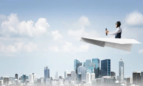 Businessman Aviator Hat Sitting Paper Plane Holding Steering Wheel Pilot — Stock Photo, Image