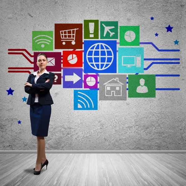 Geschäftsfrau Und Farbapplikationssymbole Hintergrund — Stockfoto