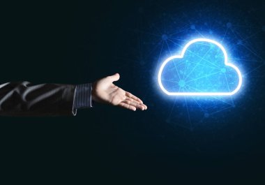 Karanlık arkaplanda kablosuz bağlantının sembolü olarak dijital bulut simgesi