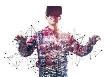 Sanal alemde çalışan VR gözlük takan genç bir bilim adamı. Kareli gömlekli modelleme ve simülasyon karmaşık sistemleri yapan adam. Gelecekteki teknolojiler ve yeni etkileşimli dünya. Karışık ortam ile 3D nesneler.