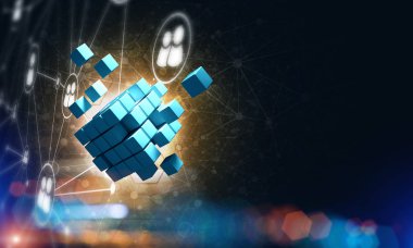 Koyu arkaplanda dijital küp figürüne sahip internet ve ağ kavramı