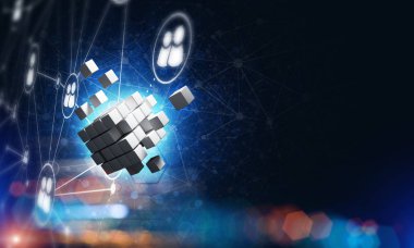 Koyu arkaplanda dijital küp figürüne sahip internet ve ağ kavramı