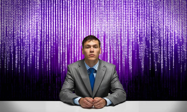 Handsome Serious Man Folded Hands Binary Computer Code Background Online — Stock Photo, Image