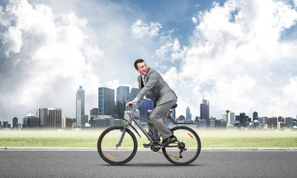 Empresario Viajando Trabajo Bicicleta Hombre Con Traje Negocios Bicicleta Por — Foto de Stock