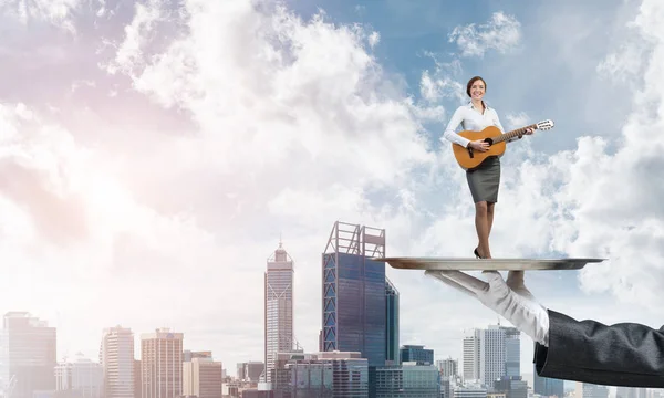 Hand Waiter Presenting Tray Woman Playing Guitar — Stock Photo, Image