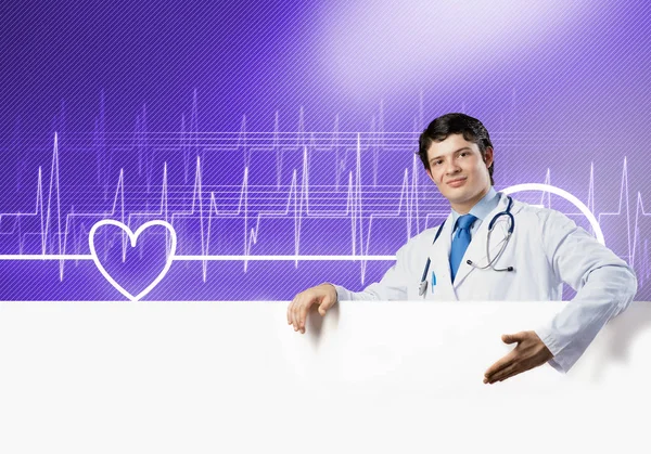 Young Handsome Doctor Holding White Blank Banner Place Your Text — Stock Photo, Image