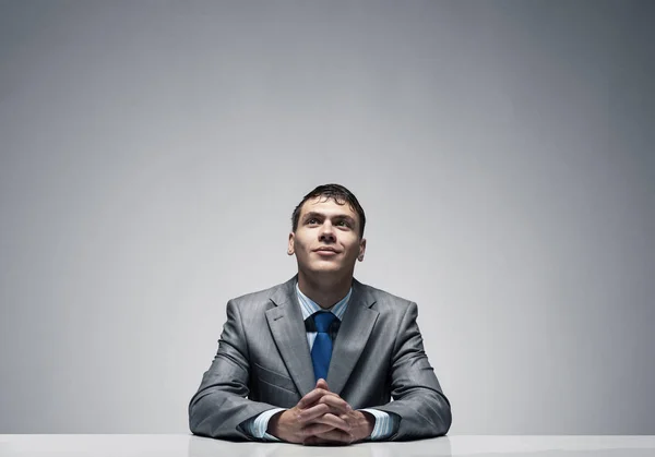 Young Smiling Man Folded Hands Looking Upward Happy Businessman Sitting — Stock Photo, Image