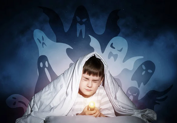 Young Boy Hiding Blanket Imaginary Ghosts Scared Kid Closed Eyes — Stock Photo, Image