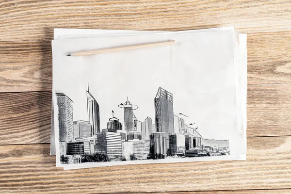 Modern Megapolis Skyline Pencil Draw Urban Architecture High Skyscrapers Sketch — Stock Photo, Image